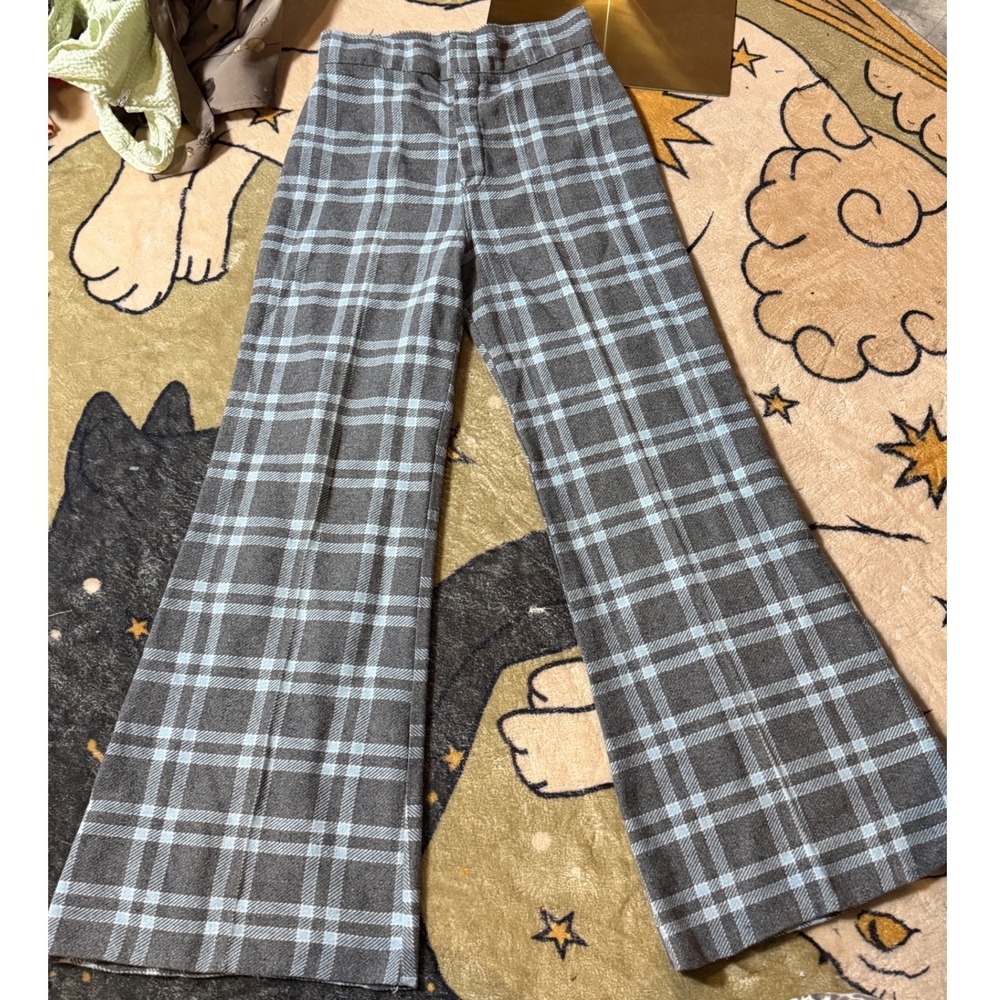 70s Grey and Light Blue Plaid Wide Leg High Waisted Trousers Flare Pants